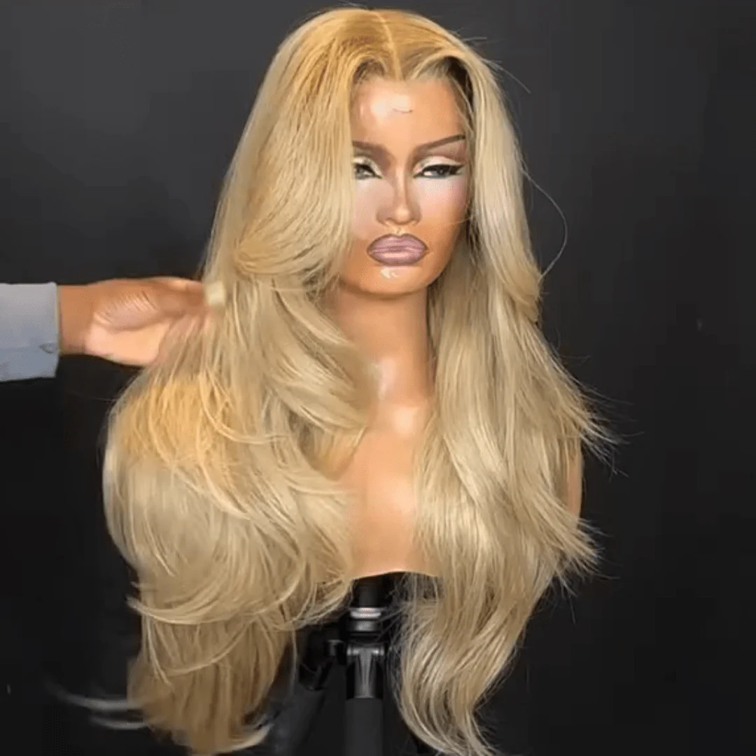 Long Wavy 13x4 Lace Front Golden Blonde Wigs With Bangs Natural Wavy Glueless Wigs Pre Plucked 250% Density Brand Day Flash Sale - Image 3