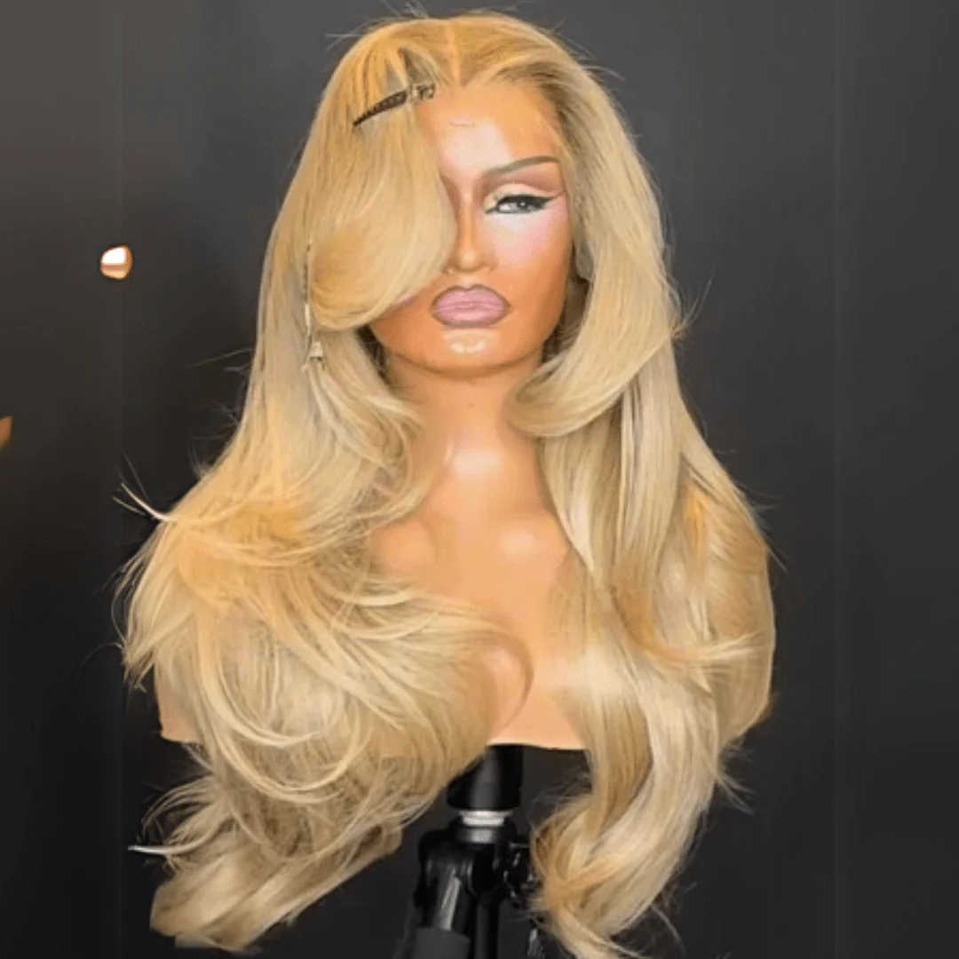Long Wavy 13x4 Lace Front Golden Blonde Wigs With Bangs Natural Wavy Glueless Wigs Pre Plucked 250% Density Brand Day Flash Sale - Image 4