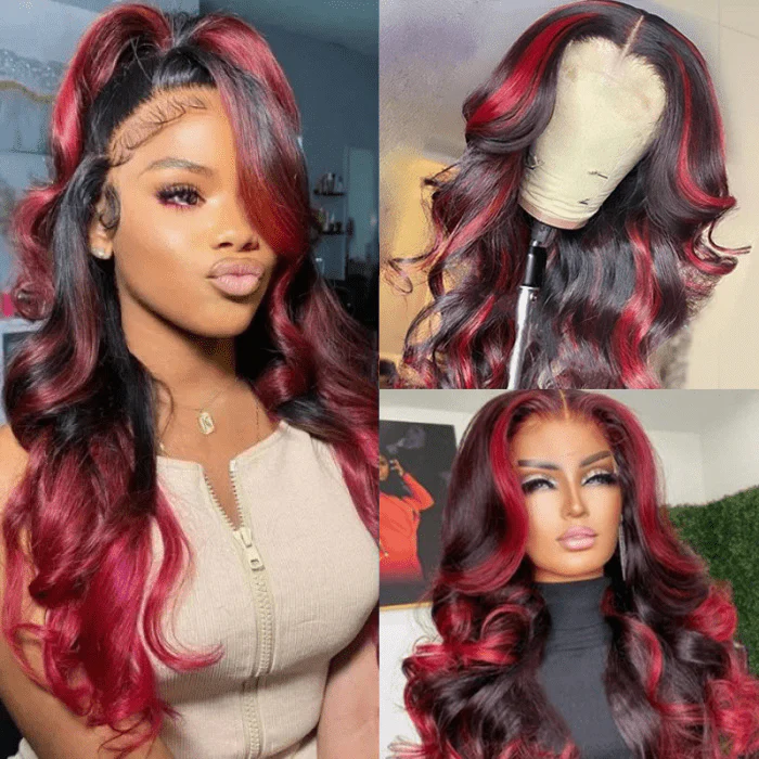 Geeta Hair Body Wave 13x4 HD Lace Highlight Wig Ombre Dark Burgundy Human Hair Frontal Wigs With Rose Red Highlights Pre Plucked Hairline - Image 2
