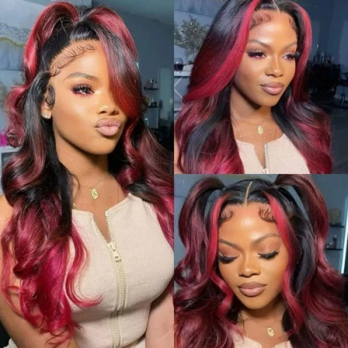 Geeta Hair Body Wave 13x4 HD Lace Highlight Wig Ombre Dark Burgundy Human Hair Frontal Wigs With Rose Red Highlights Pre Plucked Hairline - Image 3