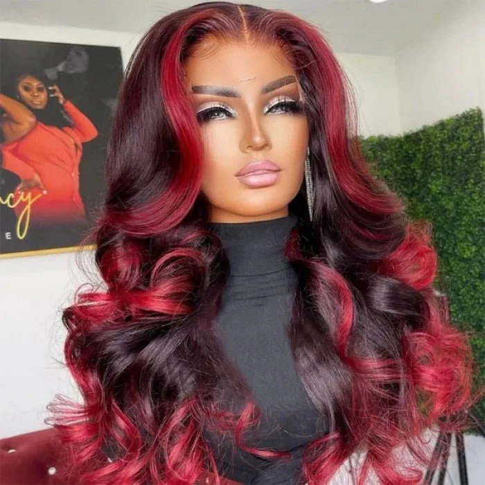 Geeta Hair Body Wave 13x4 HD Lace Highlight Wig Ombre Dark Burgundy Human Hair Frontal Wigs With Rose Red Highlights Pre Plucked Hairline - Image 4