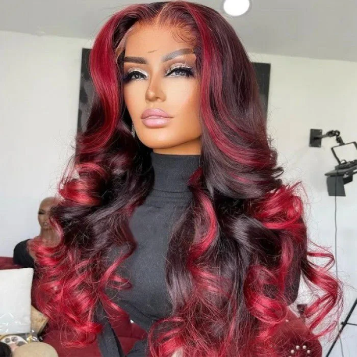 Geeta Hair Body Wave 13x4 HD Lace Highlight Wig Ombre Dark Burgundy Human Hair Frontal Wigs With Rose Red Highlights Pre Plucked Hairline - Image 5