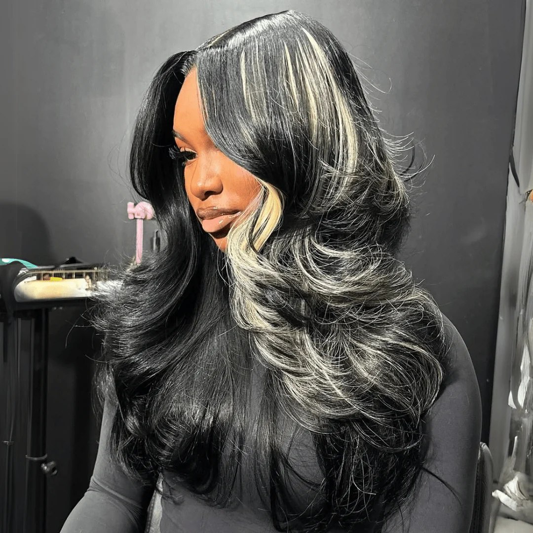 Luxe 300% Density Layered Cut With Peacock Curls Gluless Wigs 13x4 Lace Front Natural Color Mix Blonde Human Hair Wigs - Image 4