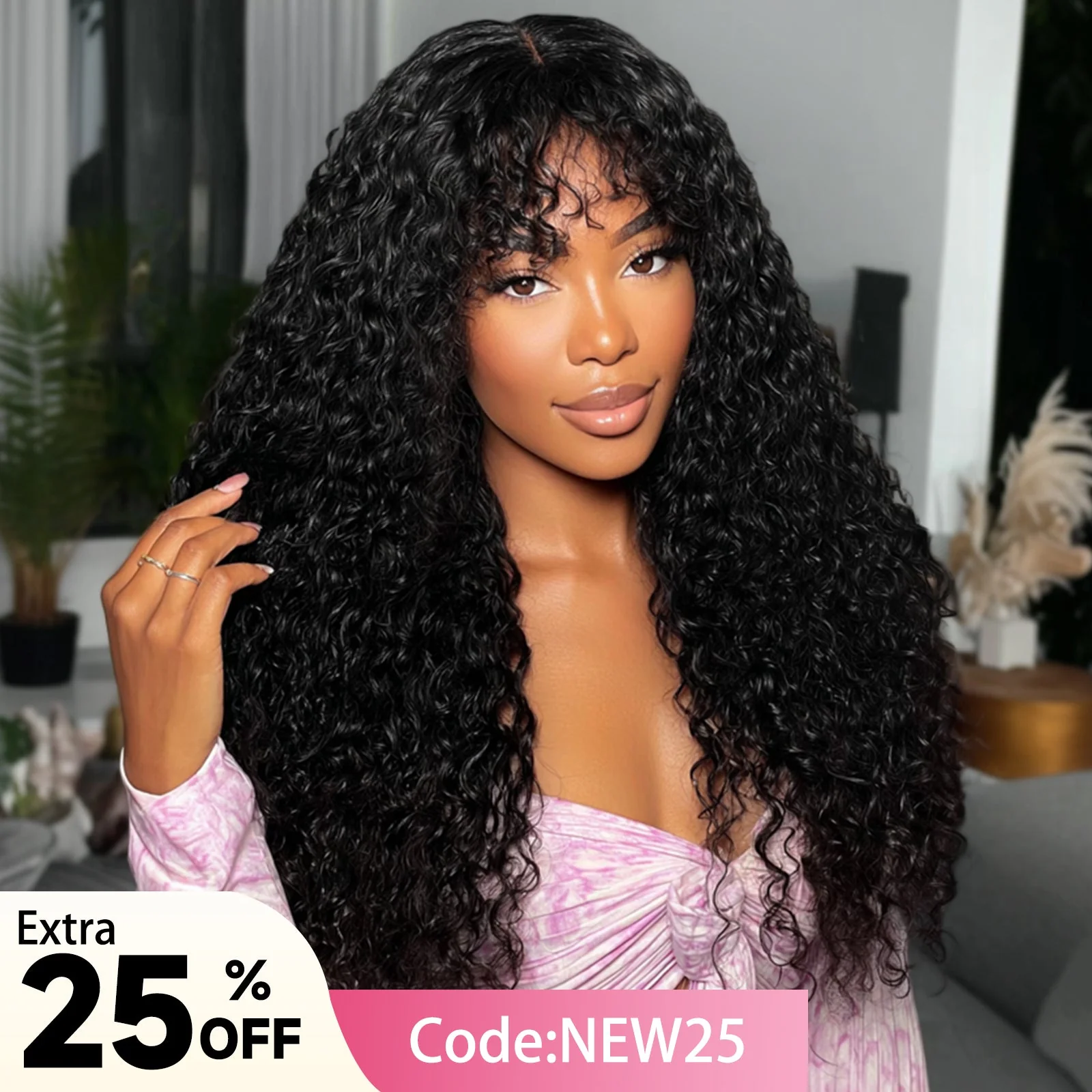 Middle Part Curly Hair Wig With Bang Lace Wig 100% Unprocessed Virgin Hair Wigs For Women