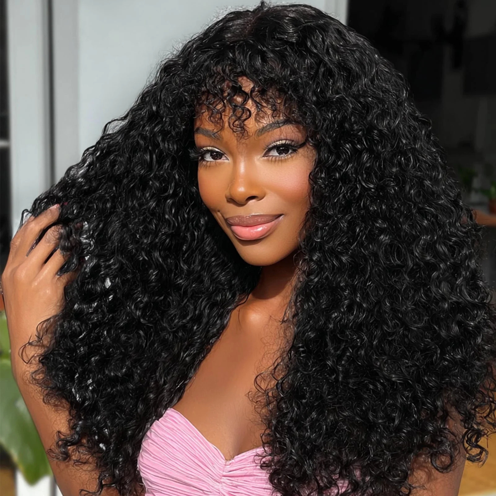 Middle Part Curly Hair Wig With Bang Lace Wig 100% Unprocessed Virgin Hair Wigs For Women - Image 2