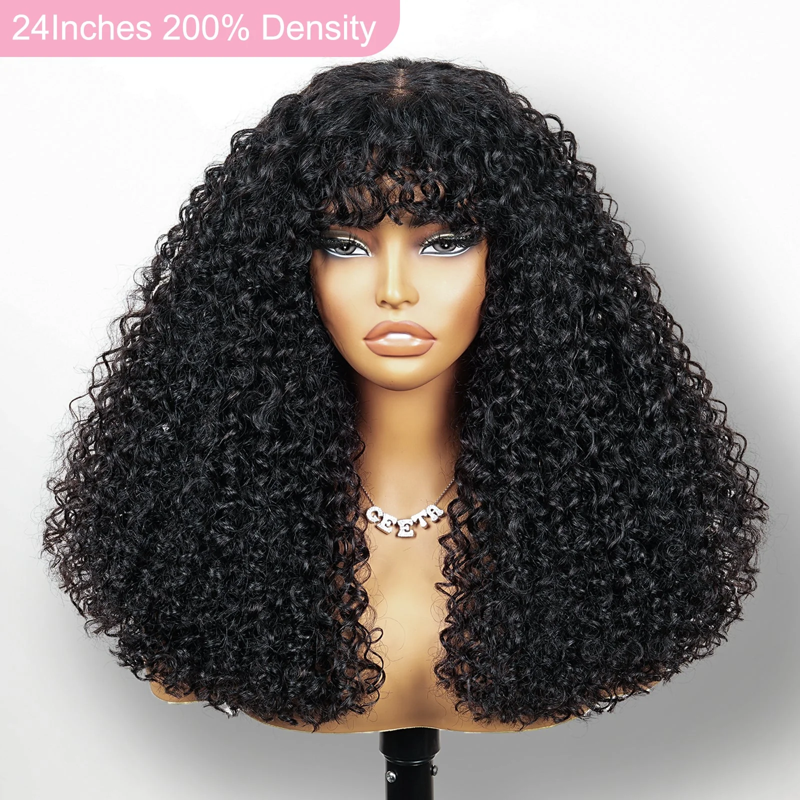 Middle Part Curly Hair Wig With Bang Lace Wig 100% Unprocessed Virgin Hair Wigs For Women - Image 3
