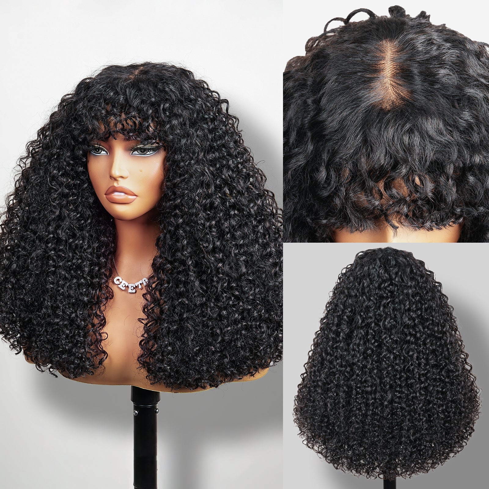 Middle Part Curly Hair Wig With Bang Lace Wig 100% Unprocessed Virgin Hair Wigs For Women - Image 4