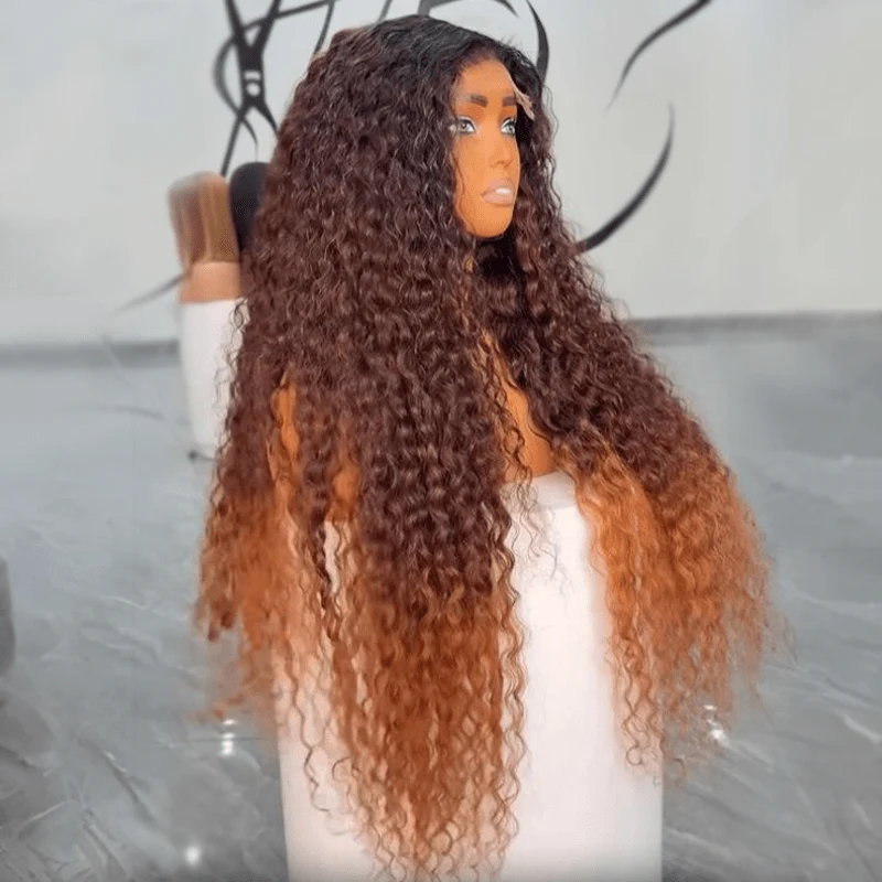 Ombre Brown Curly Lace Front Wigs Human Hair Pre Plucked Deep Curly Wave 13x4 HD Lace Frontal Wigs - Image 2