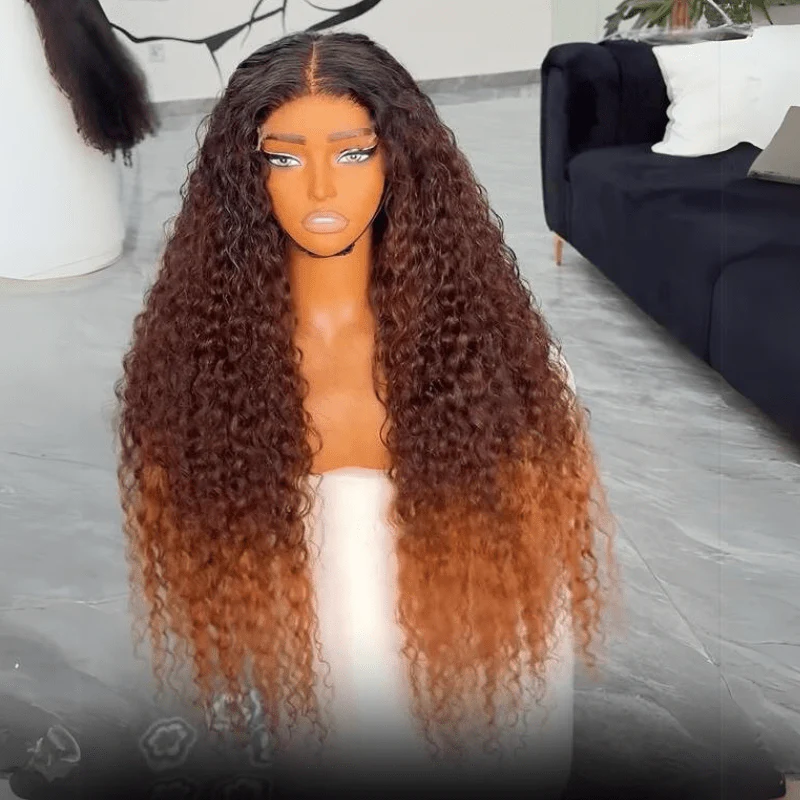 Ombre Brown Curly Lace Front Wigs Human Hair Pre Plucked Deep Curly Wave 13x4 HD Lace Frontal Wigs - Image 3