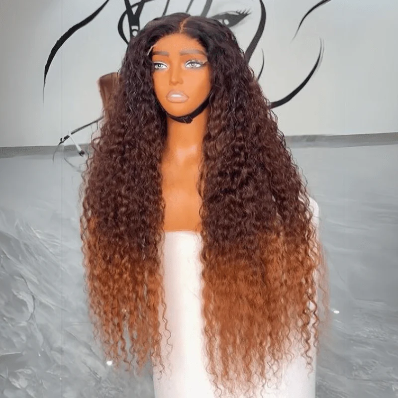 Ombre Brown Curly Lace Front Wigs Human Hair Pre Plucked Deep Curly Wave 13x4 HD Lace Frontal Wigs - Image 4