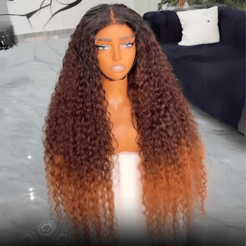 Ombre Brown Curly Lace Front Wigs Human Hair Pre Plucked Deep Curly Wave 13x4 HD Lace Frontal Wigs - Image 5