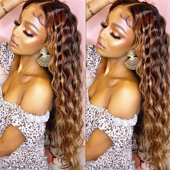 Ombre Highlight Lace Front Wig Human Hair 13x4 Glueless Deep Wave Lace Wigs Pre Plucked - Image 2