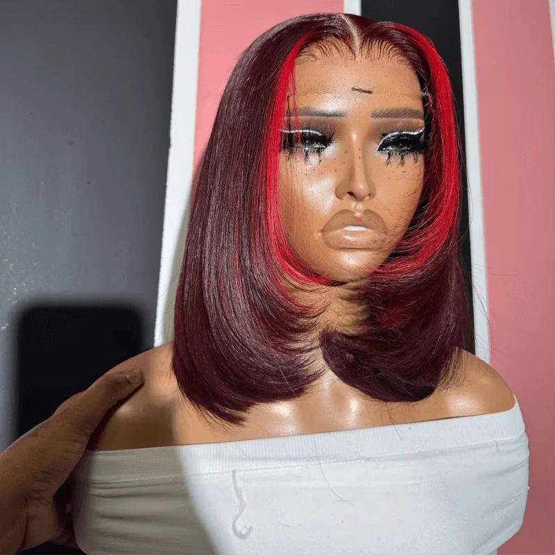 Red Highlight Color Lace Front Human Hair Wigs Layered Cut Straigt 99j Bob Wig Pre Plucked Flash Sale - Image 2