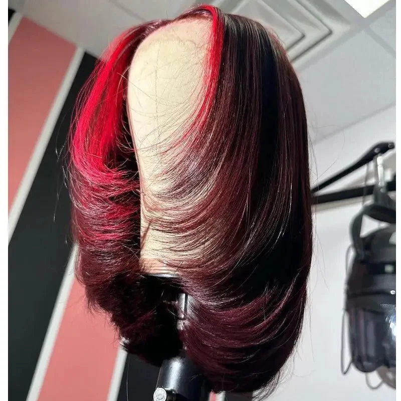 Red Highlight Color Lace Front Human Hair Wigs Layered Cut Straigt 99j Bob Wig Pre Plucked Flash Sale - Image 4