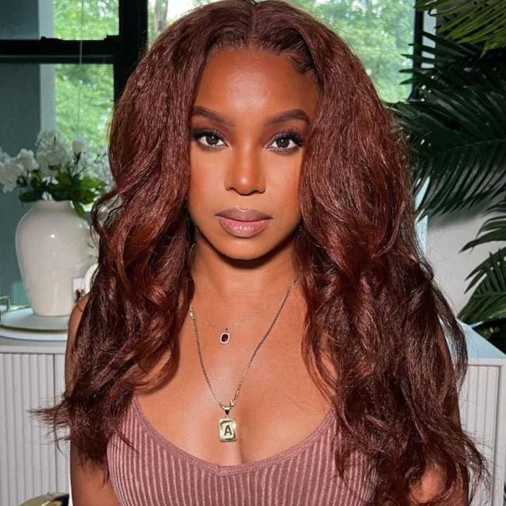 Reddish Brown 13x4/4x4 HD Transparent Lace Wig Kinky Straight Auburn Glueless Human Hair Wigs - Image 5