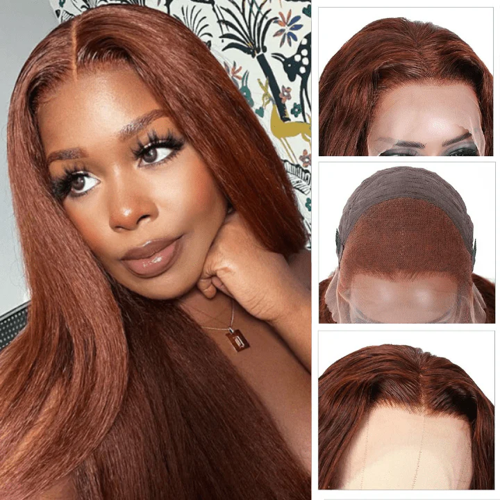 Reddish Brown 13x4/4x4 HD Transparent Lace Wig Kinky Straight Auburn Glueless Human Hair Wigs - Image 7