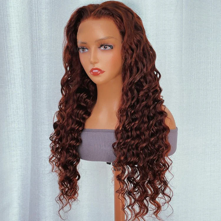 Reddish Brown Deep Wave Tranparent Lace Front Wig Auburn Deep Hairline HD Clear Lace Human Hair Wigs - Image 5