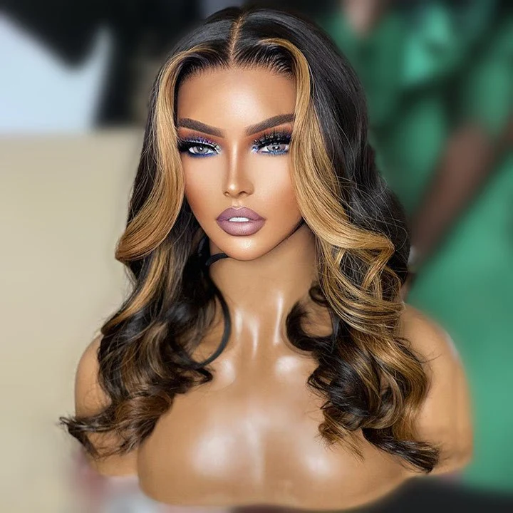 Skunk Stripe Highlight Wig Honey Blonde Body Wave Wig HD Lace Frontal Human Hair Wigs - Image 3