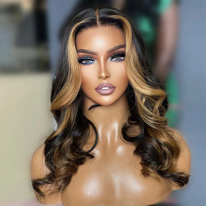 Skunk Stripe Highlight Wig Honey Blonde Body Wave Wig HD Lace Frontal Human Hair Wigs - Image 6