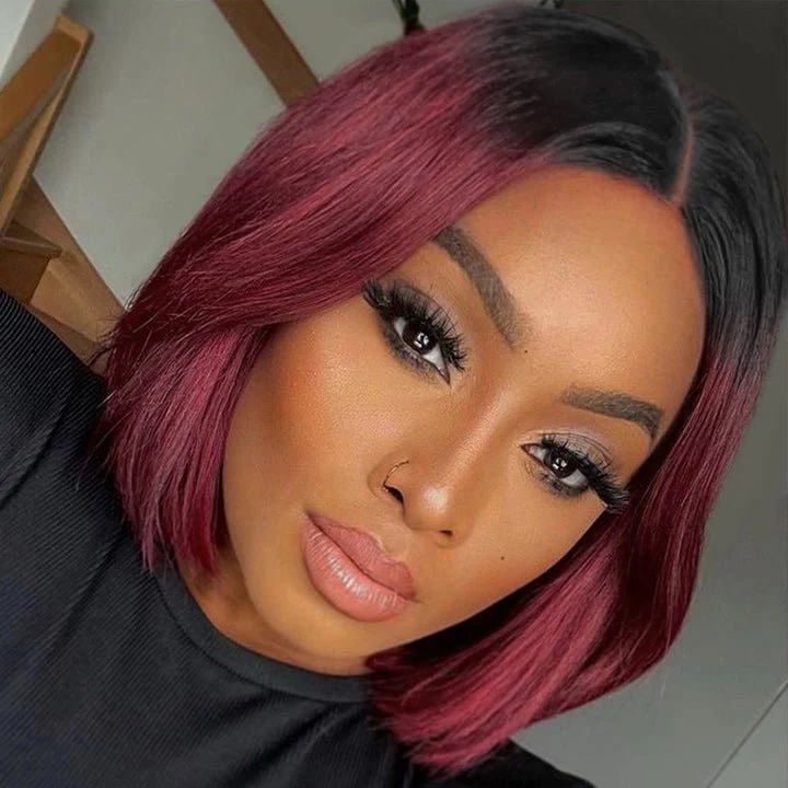 Straight Burgundy Glueless HD Lace Front Bob Wig with Black Roots 99j Colored Short Human Hair Bob Wigs - Image 3
