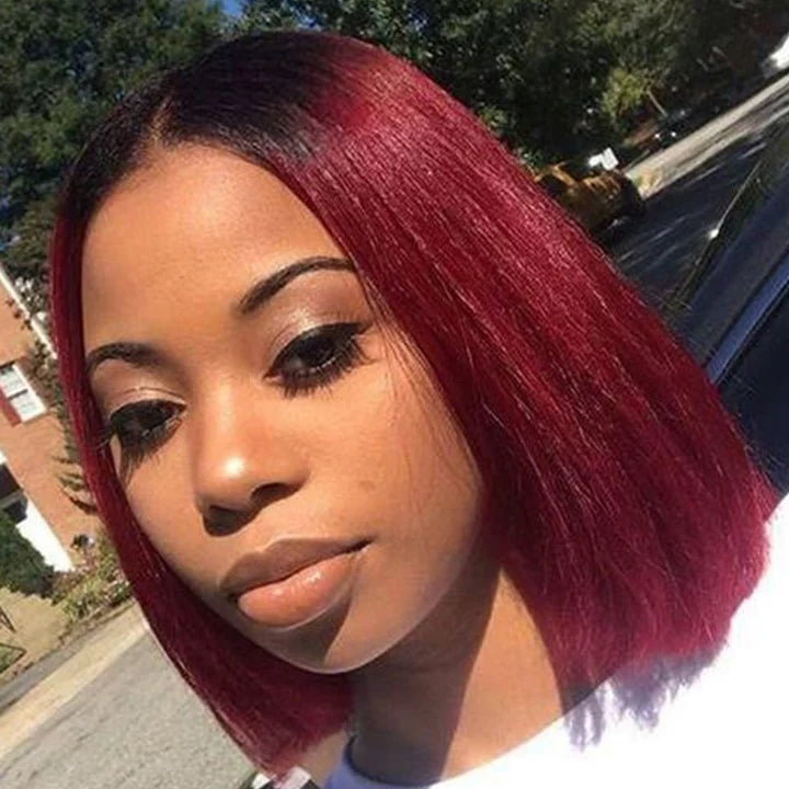 Straight Burgundy Glueless HD Lace Front Bob Wig with Black Roots 99j Colored Short Human Hair Bob Wigs - Image 4
