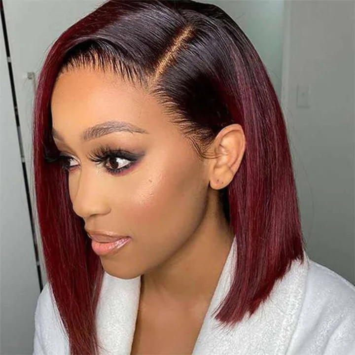 Straight Burgundy Glueless HD Lace Front Bob Wig with Black Roots 99j Colored Short Human Hair Bob Wigs - Image 5