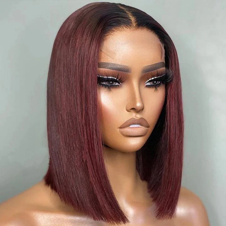 Straight Burgundy Glueless HD Lace Front Bob Wig with Black Roots 99j Colored Short Human Hair Bob Wigs - Image 6