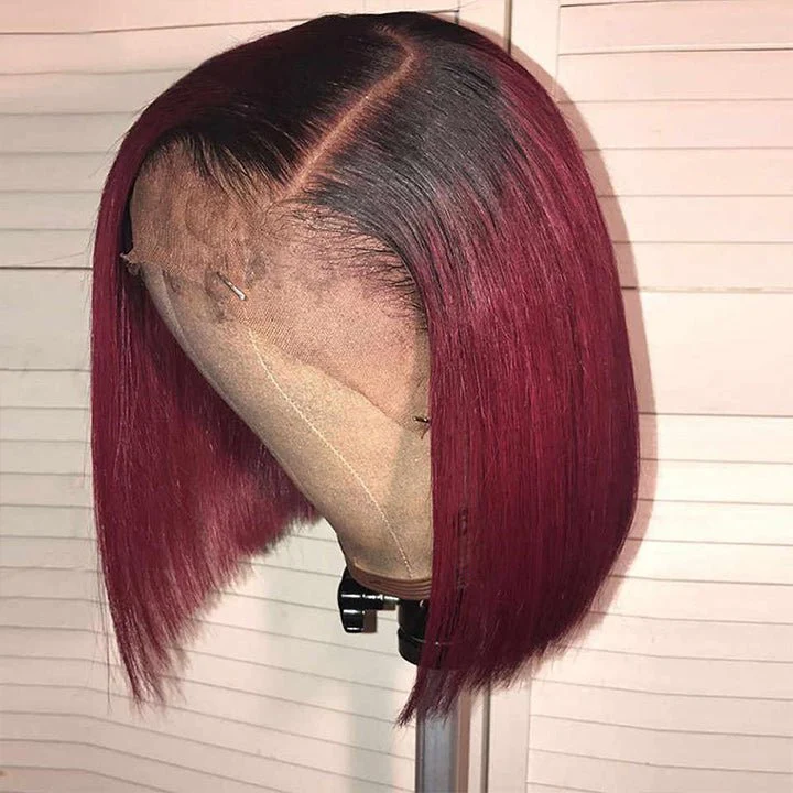 Straight Burgundy Glueless HD Lace Front Bob Wig with Black Roots 99j Colored Short Human Hair Bob Wigs - Image 7