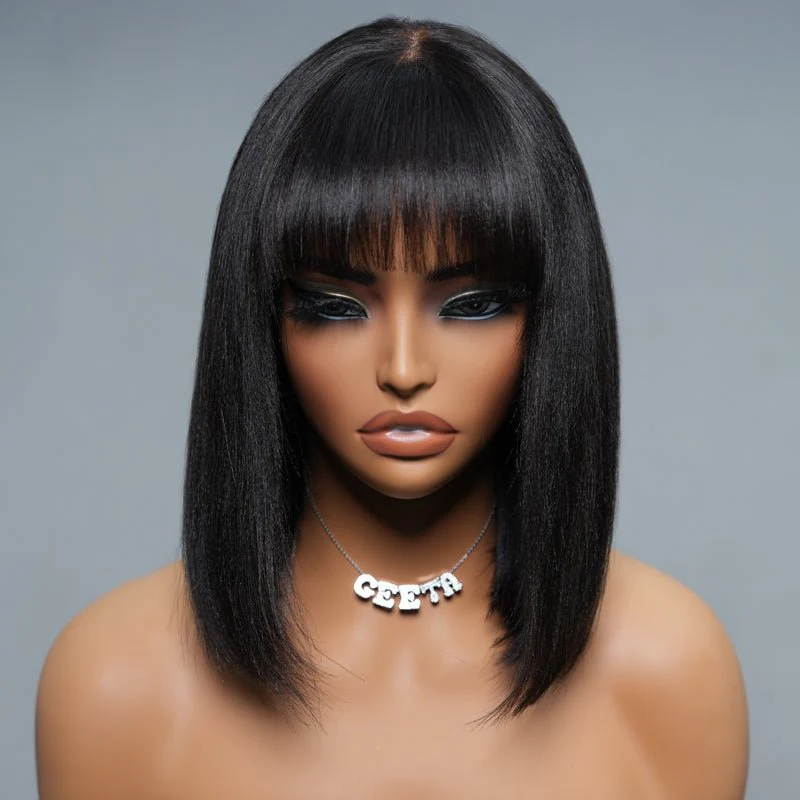 Yaki Straight Short Bob Wig With Bangs 2x4 Lace Part Glueless Put On And Go Wig Flash Sale - Image 6